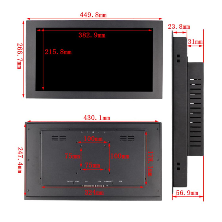 จอ LCD อุตสาหกรรมขนาด 17.3 นิ้ว เคสโลหะแบบฝัง หน้าจอสัมผัส 2K