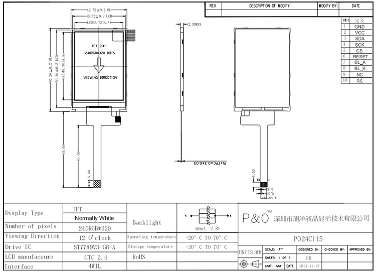 Polcd RoHS 2.4 นิ้ว Lcd TFT Display ST7789V3 โมดูล TFT LCD 4 สาย SPI