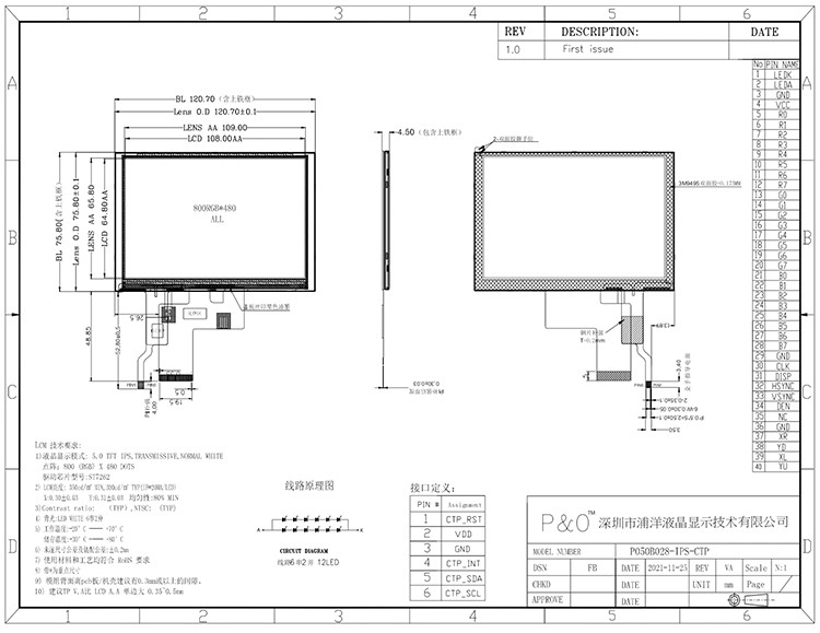 5 นิ้ว Tft Lcd Capacitive Touch Screen ความสว่างสูง 800x480 ความละเอียด Rgb Interface Ips