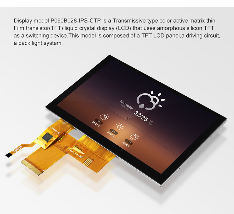 5 นิ้ว Tft Lcd Capacitive Touch Screen ความสว่างสูง 800x480 ความละเอียด Rgb Interface Ips