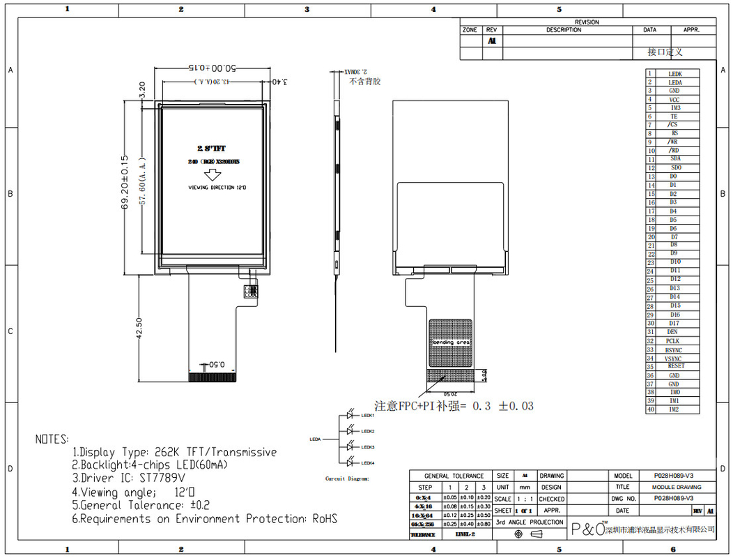 Polcd ความละเอียดสูง 480x640 โมดูล TFT LCD 2.8 นิ้วพร้อมอินเทอร์เฟซ SPI RGB CTP