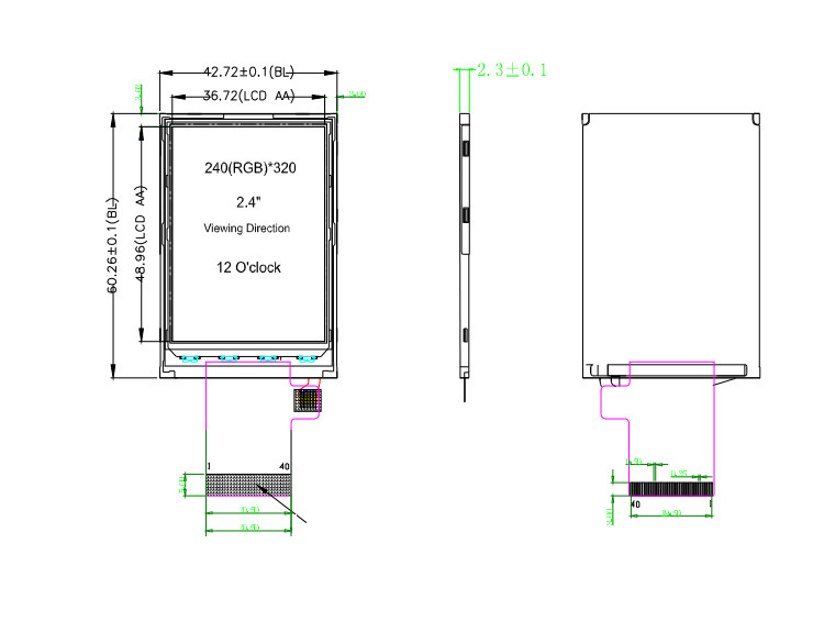 Polcd ST7789V 2.4 นิ้ว Tft Display 12 0'CLOCK 240x320 tft แผ่นจอ LCD