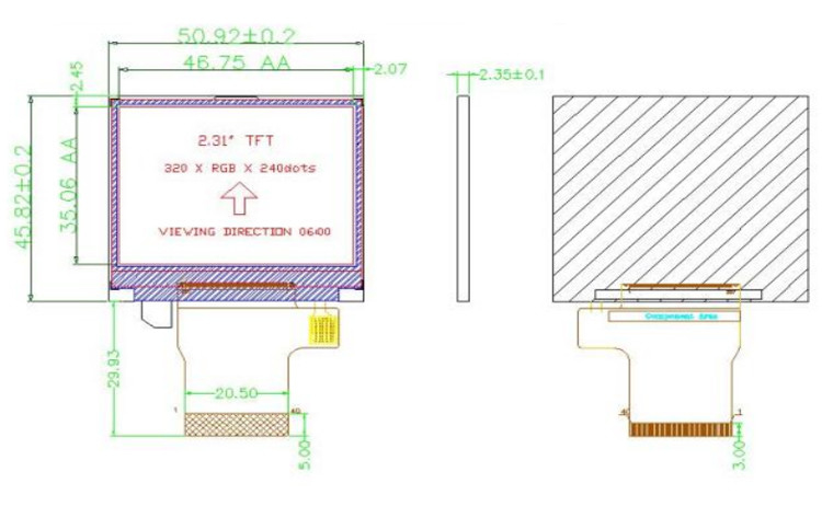 Polcd สี 262K 2.31 นิ้ว ตารางจอ 300 นิต 320x240 tft จอ lcd