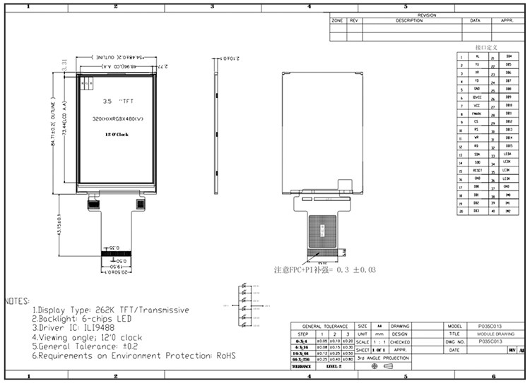 Polcd 320x480 3.5 นิ้ว TFT แพเนล Spi 8 / 9 / 16 / 18 อินเตอร์เฟสขนานจอ LCD