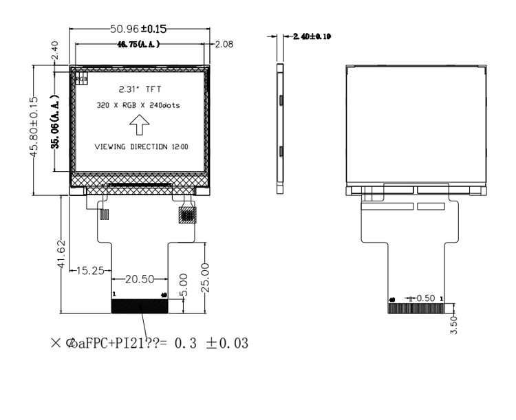 Polcd สีดํา 320*240 RGB TFT Display 18 Bit ความสว่างสูง 2.31 นิ้ว แพนล์ LCD