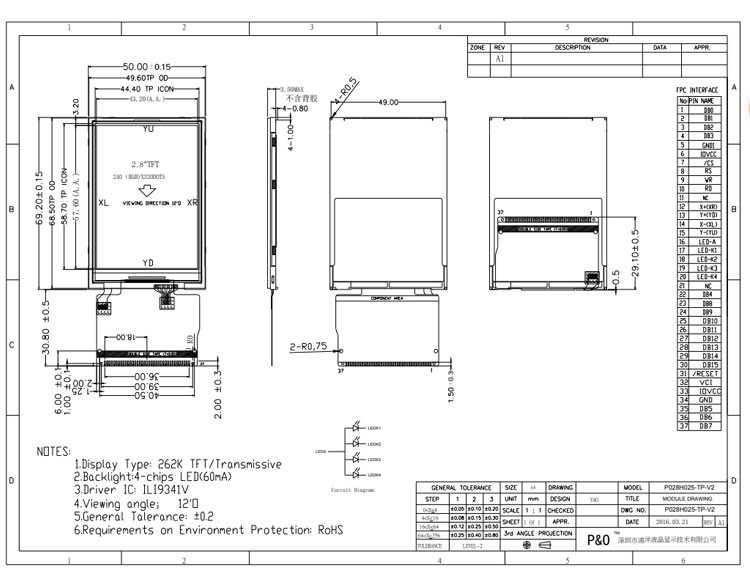 Polcd 2.8 นิ้วแบบเต็มมุมมอง TFT LCD หน้าจอสัมผัสแผง IPS ที่อ่านได้จากแสงแดด
