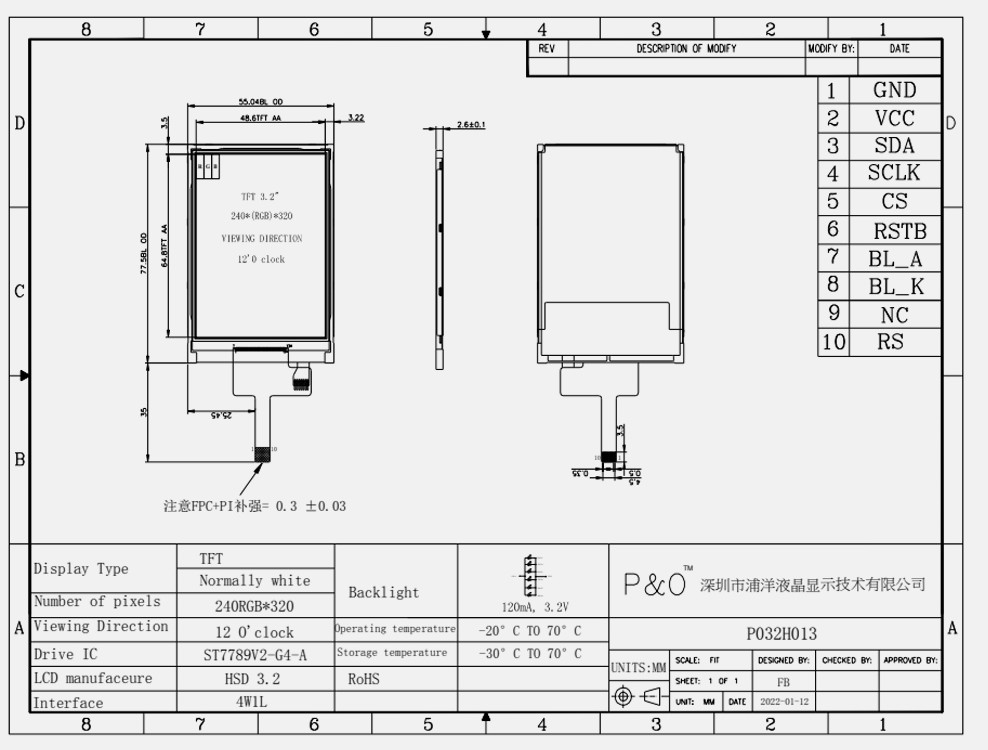 Polcd ST7789V 3.2 นิ้ว TFT LCD สี 262K จอแสดงผล TFT LCD 48.6 มม. 12 0'CLOCK