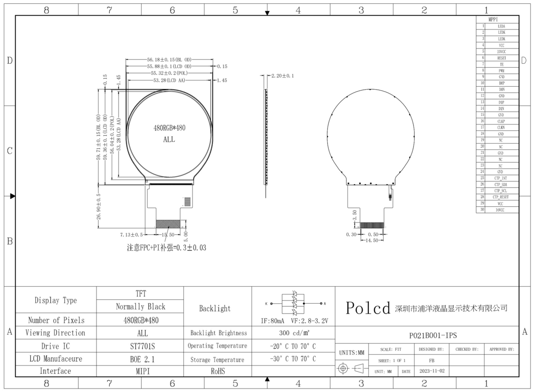 Polcd 2.1 นิ้ว IPS LCD กลมขนาดเล็ก 480*480 ผิวหน้า Mipi ST7701S มวงกลม โมดูลจอ TFT กลม