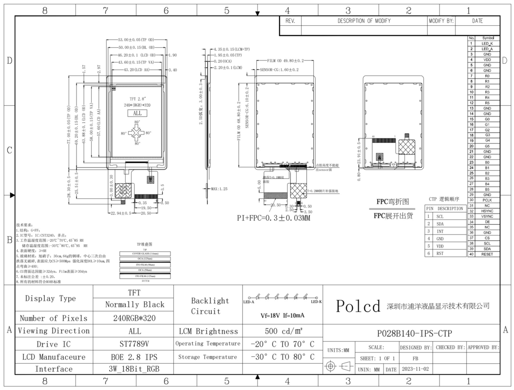 Polcd ความสว่างสูง 500nit 2.8 นิ้ว LCD Screen 240x320 IPS ทุกมุมมอง CTP Capacitive Touch TFT Display