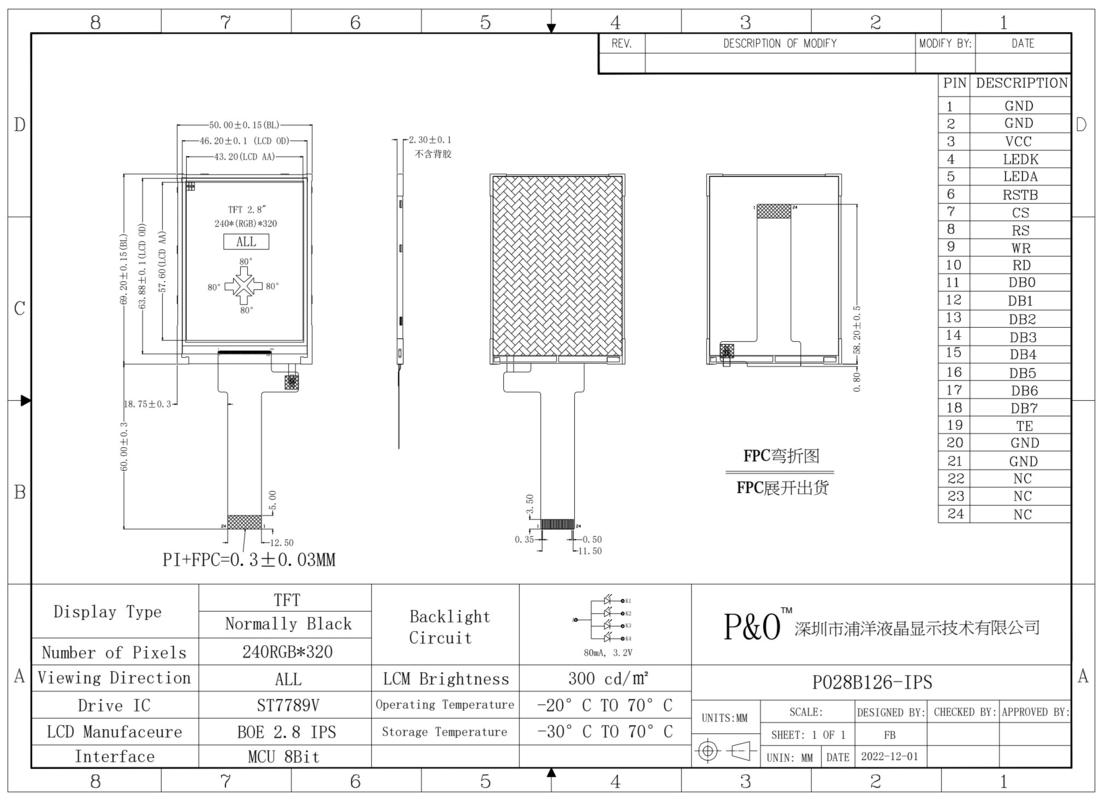 Polcd 2.8 นิ้ว LCM Display IPS Screen ความละเอียด 240x320 MCU อินเตอร์เฟซ 8 บิต 24pin TFT LCD Module