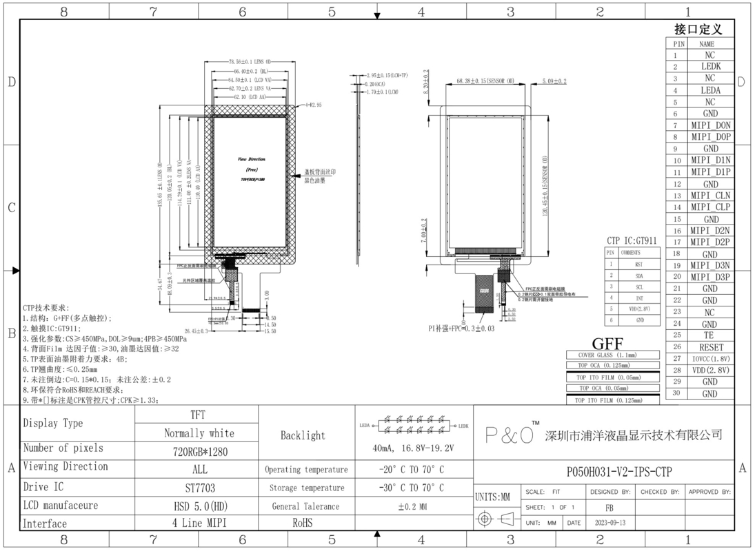Polcd 5 Inch LCD Vertical Screen 720*1280 MIPI อินเตอร์เฟซ แพนล์สัมผัสจุจุ IPS 5' TFT