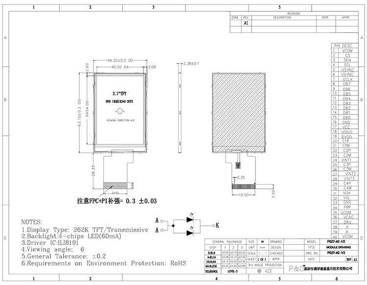 Polcd ILI8961 2.7 TFT LCD 960X240 จอแสดงผล TFT LCD RGB 8 บิต 6 0'CLOCK