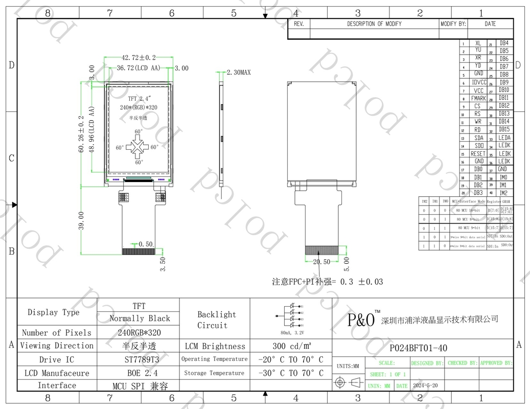 Polcd 2.4 นิ้ว LCM Module Transflective SPI MCU การปั่น 20pin ความละเอียด 240x320 TFT LCD Screen