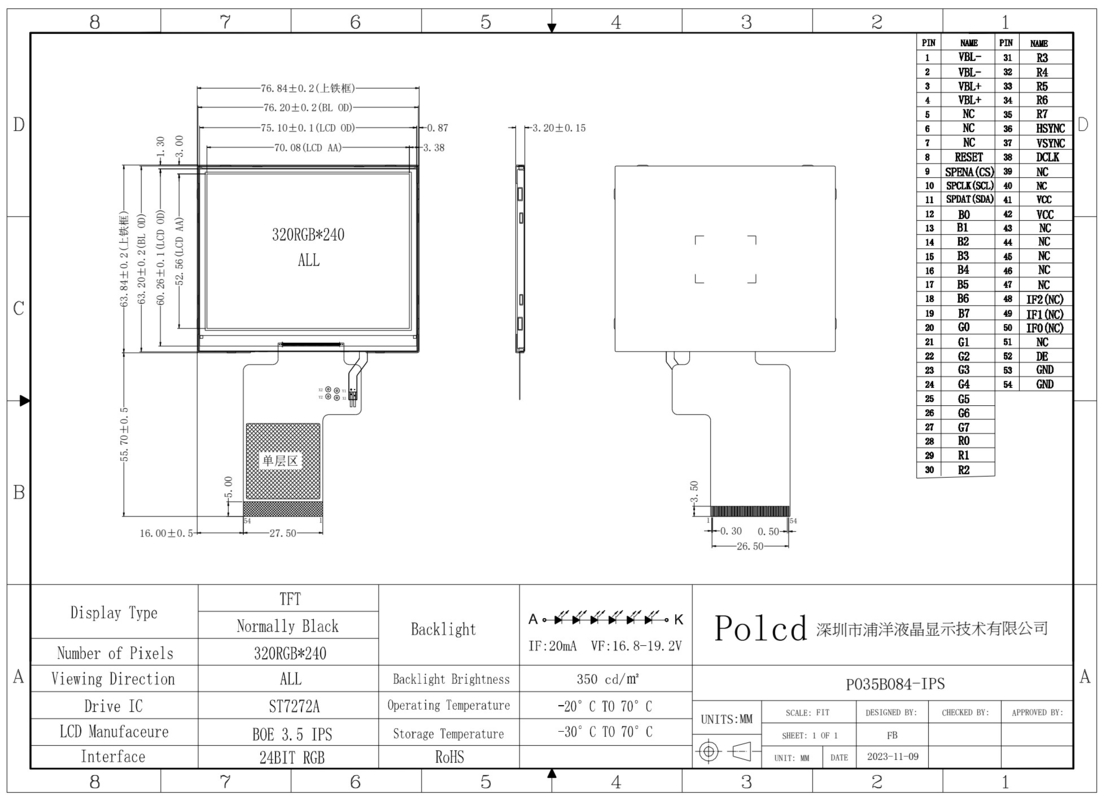 Polcd 3.5 นิ้ว TFT LCD Display 320x240 SPI RGB Interface และโมดูล LCD สกรีนสแควร์สีสัน