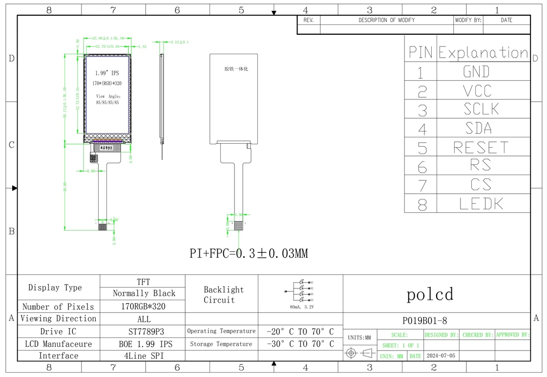 Polcd ขนาดเล็ก 1.9 นิ้ว LCD Display 170*320 โทรส่ง IPS TFT LCD Module Screen