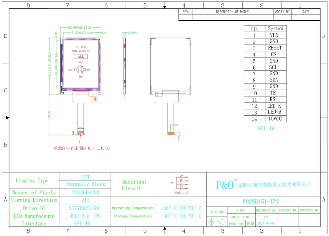 Polcd 2.8 นิ้ว 240*320 Ips Tft Lcd Screen Spi Interface All Free Viewing Angle โมดูล์จอแสดงภาพ