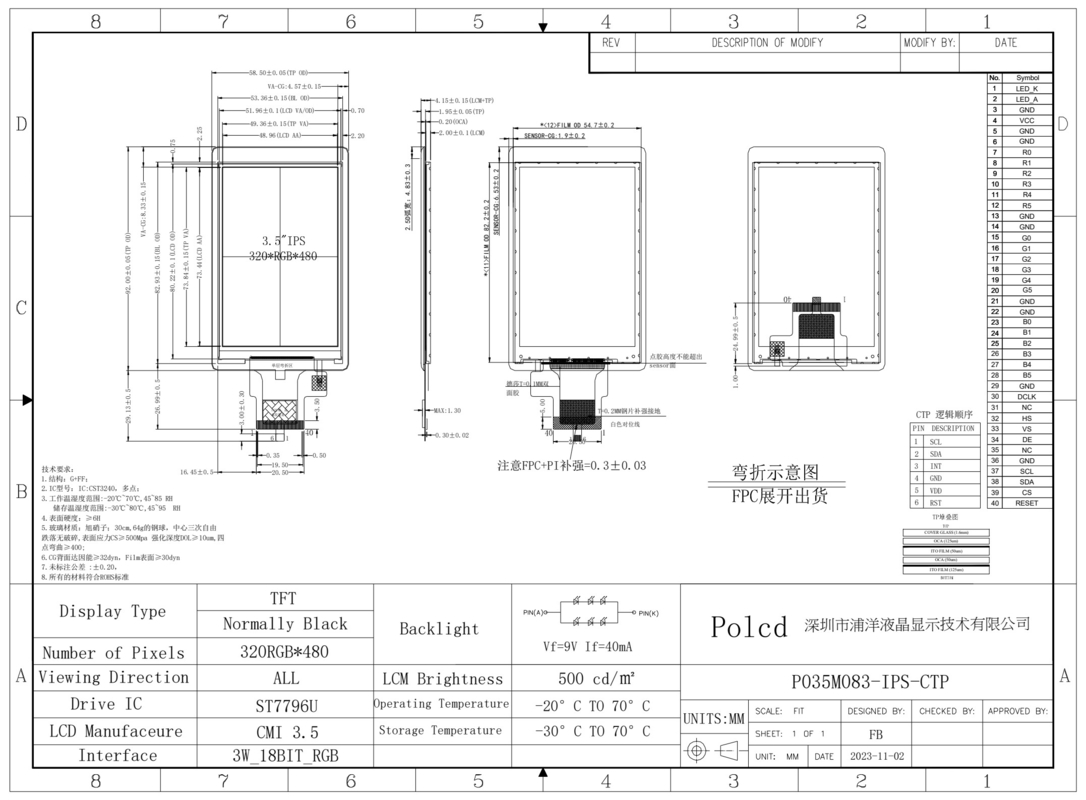 Polcd Custom LCD Display 3.5 นิ้ว 320x480 40pin IPS Angle 500nit ST7796U จอสัมผัสความจุ