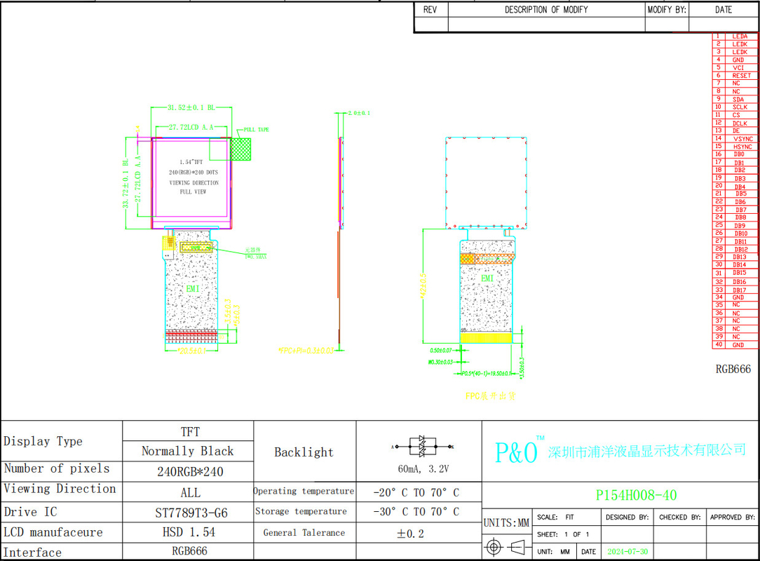 Polcd 1.54 นิ้ว IPS TN Micro TFT LCD Module พร้อม LED Backlight 240x240 ST7789T3 Driver IC LCD Display จอ