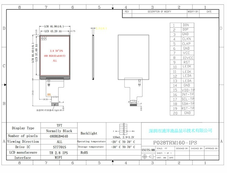 Polcd 2.8 นิ้ว IPS LCD Display พร้อม MIPI Interface 480x640 ความละเอียด 300nits 2.8 