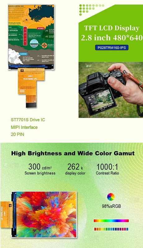 Polcd 2.8 นิ้ว IPS LCD Display พร้อม MIPI Interface 480x640 ความละเอียด 300nits 2.8 