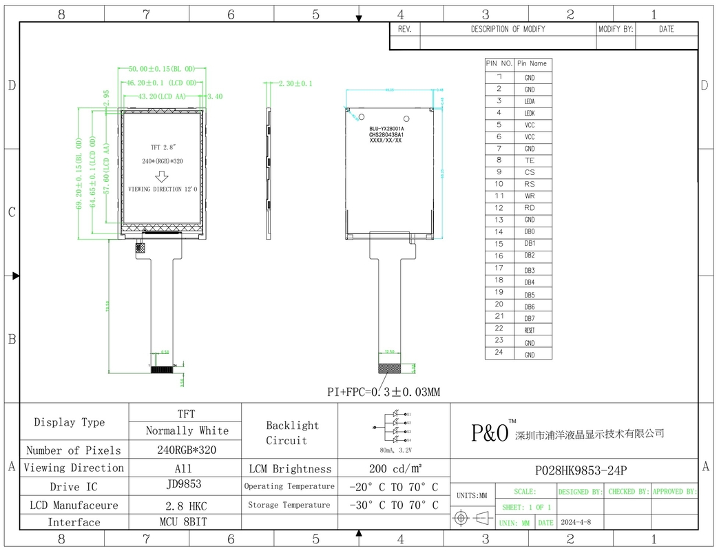 Polcd 2.8 นิ้ว 240*320 ความละเอียด 50pin Tft Lcd Screen Display Module 2.8