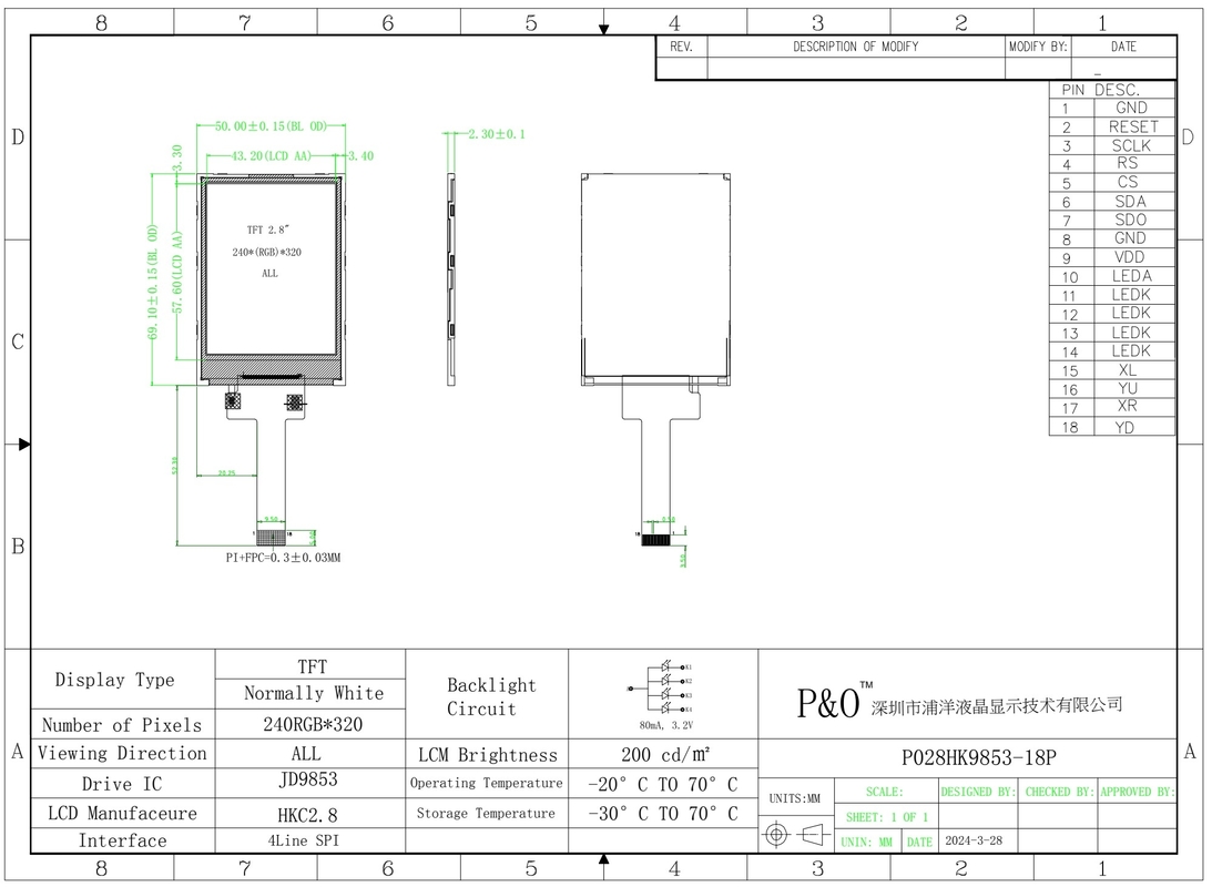 Polcd 2.8 นิ้ว 240x320 IPS TFT LCD Screen SPI JD9853 IC โมดูลิสต์ทุกมุมการดู