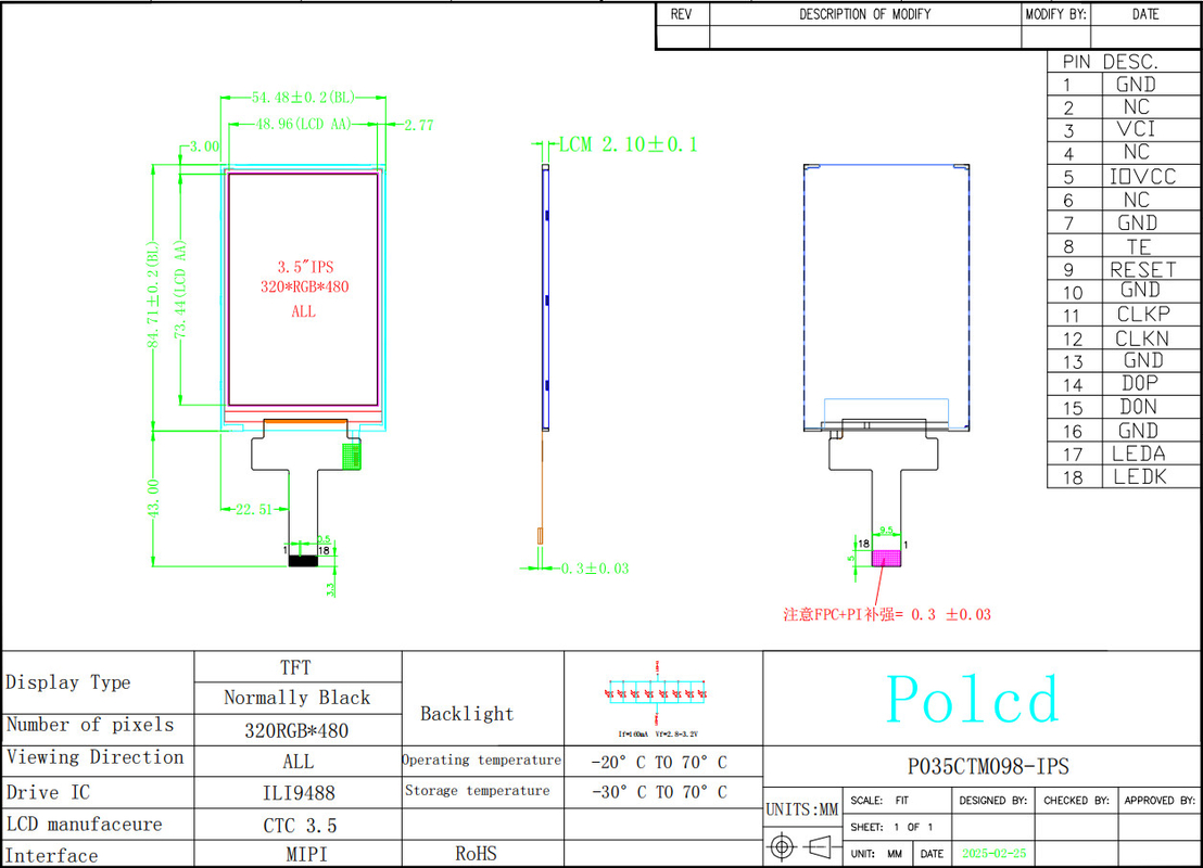 Polcd 3.5 นิ้ว IPS TFT LCD 320*480 Ili9488 Drive Ic 600: 1 โมดูลจอจอจอ LCD