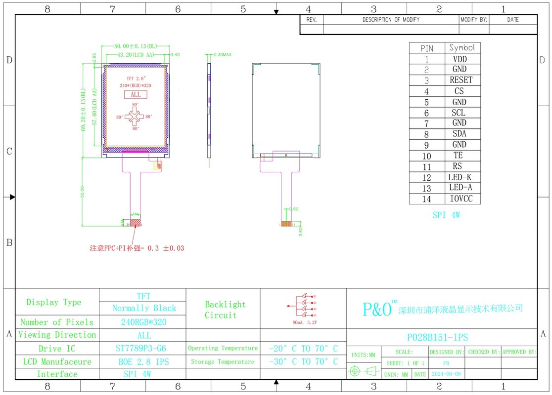 Polcd จอแสดงผล TFT ขนาด 2.8 นิ้ว เมทริกซ์ 240x320 20 พิน FPC LCM ST7789 ผู้ผลิตโมดูล LCD ที่ปรับแต่งได้