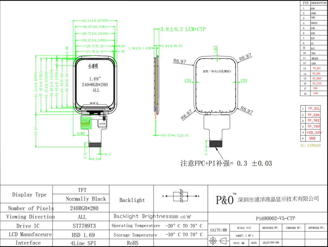 Polcd 1.69 นิ้ว 240x280 TFT Display Module ตารางจอสัมผัส LCD สําหรับนาฬิกาสมาร์ท