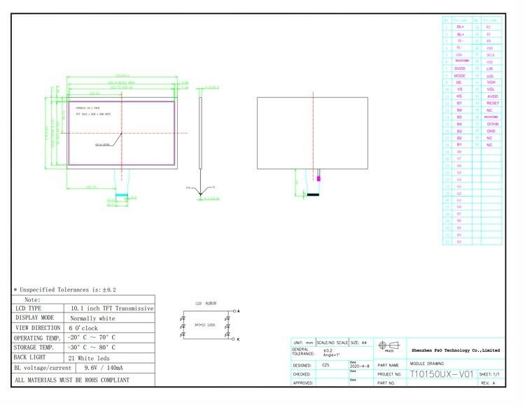 Polcd ความละเอียด 1024X600 จอแสดงผล LCD ขนาด 10.1 นิ้ว EK79001 โมดูลแสดงผล TFT 750 Nit