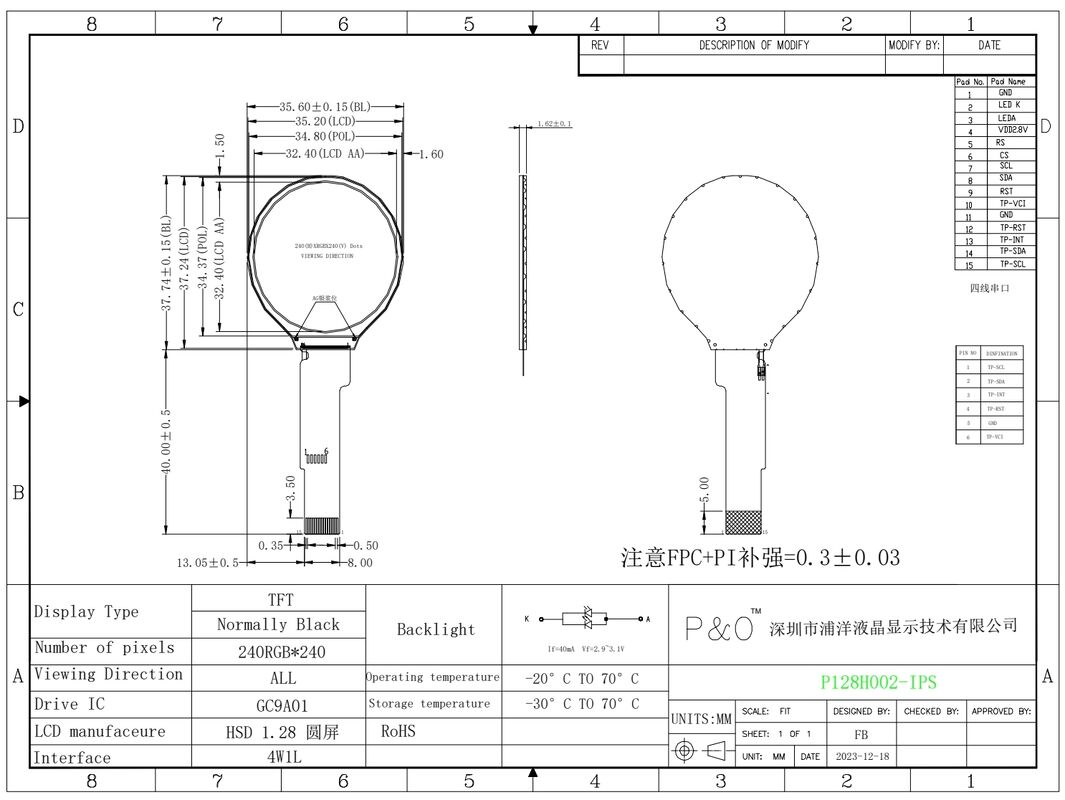 Polcd ขนาดเล็กกลม 1.28 นิ้ว LCD Screen 240*240 1.3 นิ้ว Spi Interface IPS วงกลม Tft LCD Module Panel