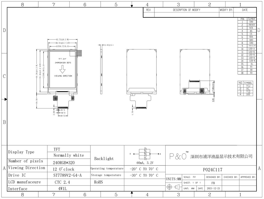 Polcd 18 Pin 2.4 Spi TFT LCD Display ST7789V2 หน้าจอสัมผัส TFT
