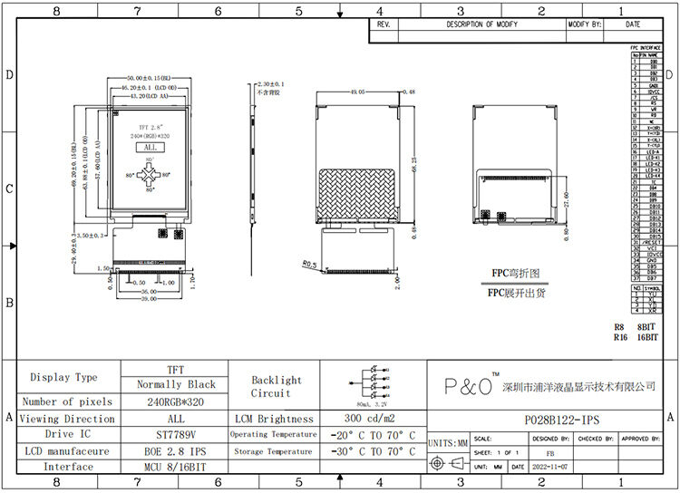 Polcd ขนาดเล็ก 2.8 นิ้ว 240x320 QVGA ความสว่างสูง 300nits อินเตอร์เฟซ SPI จอ IPS TFT