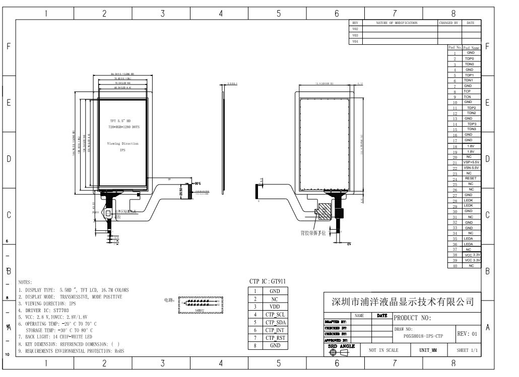 Polcd 5.5 นิ้ว TFT Module 750x1080 ความละเอียด แผ่นสัมผัสจอ MIPI อินเตอร์เฟซ 40 pin IPS View Angle TFT LCD Display
