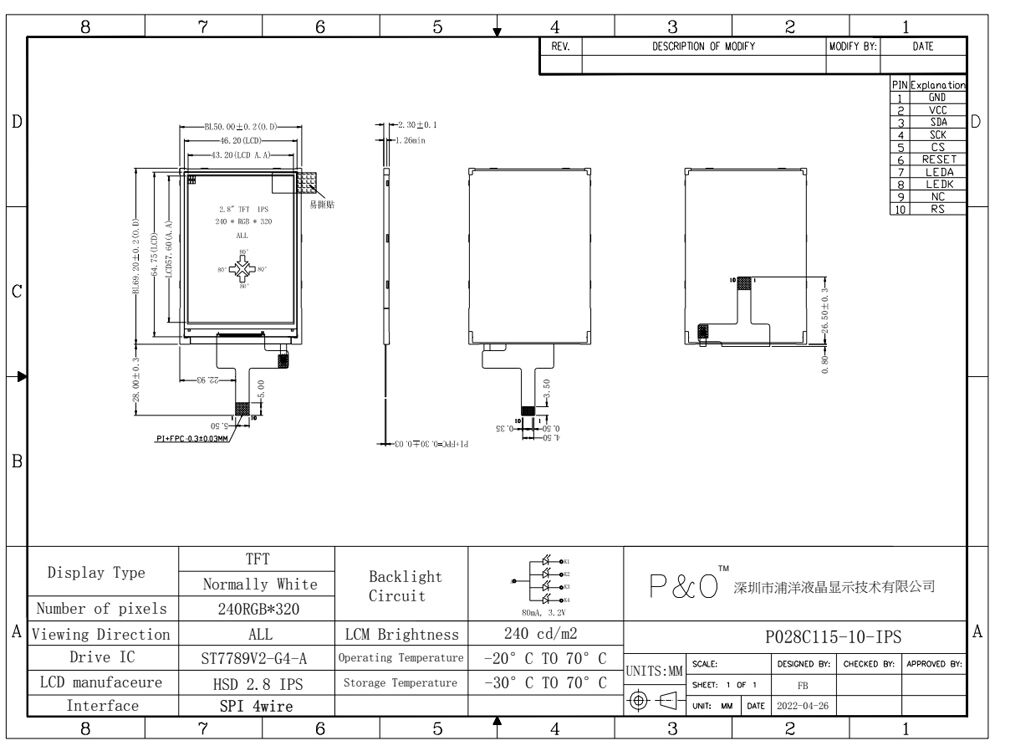 Polcd 2.8 นิ้ว IPS Screen LCM Module 240x320 SPI Interface ST7789V จอ LCD TFT ความสว่างสูง