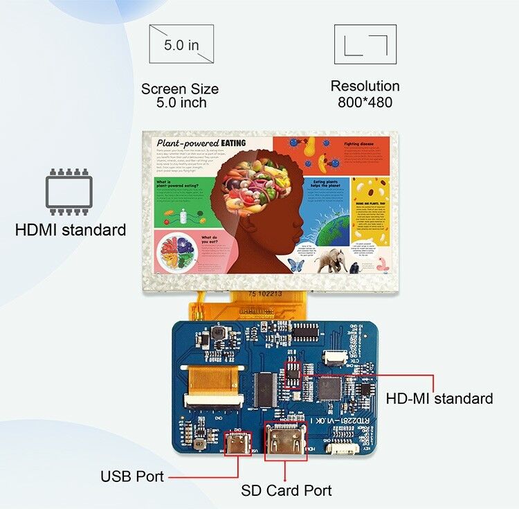 Polcd RTD2281 Driver Board 5 4.3 นิ้ว HDM-I 800x480 หน้าจอสัมผัสจอแสดงผล TFT โมดูลสำหรับ Raspberry Pi
