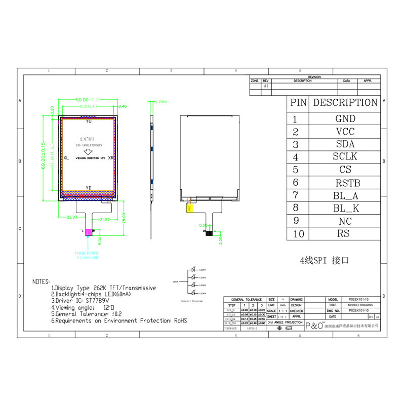 Polcd RoHS 2.8 นิ้ว LCD แสดงผล 300cd/M จอ LCD ความสว่างสูง