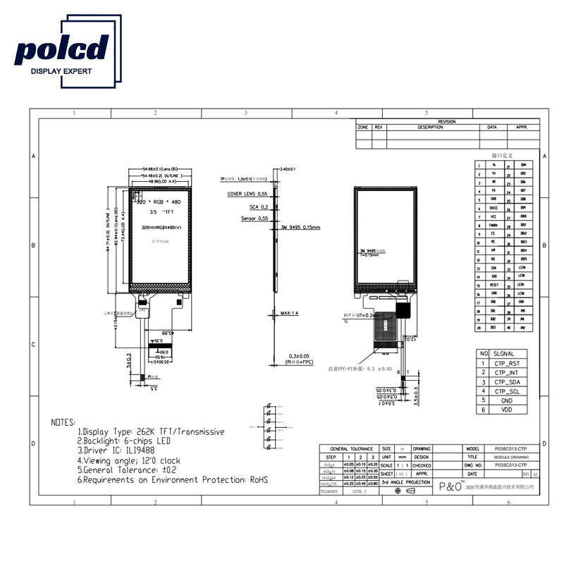 Polcd ST7796S 3.5 Lcd TFT Display Rgb RoHS 18 Bit Lcd สำหรับการใช้งานทางการแพทย์