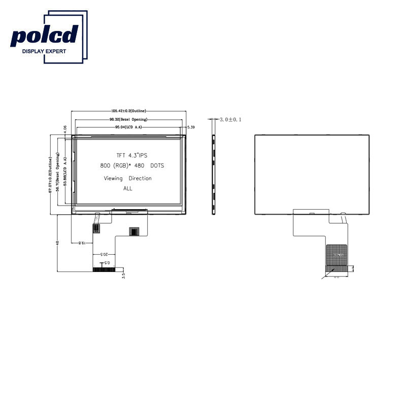 Polcd ST7262E43 4.3 นิ้วหน้าจอสัมผัสแบบ Capacitive 40 Pin Lcd 800x480 300 Nit
